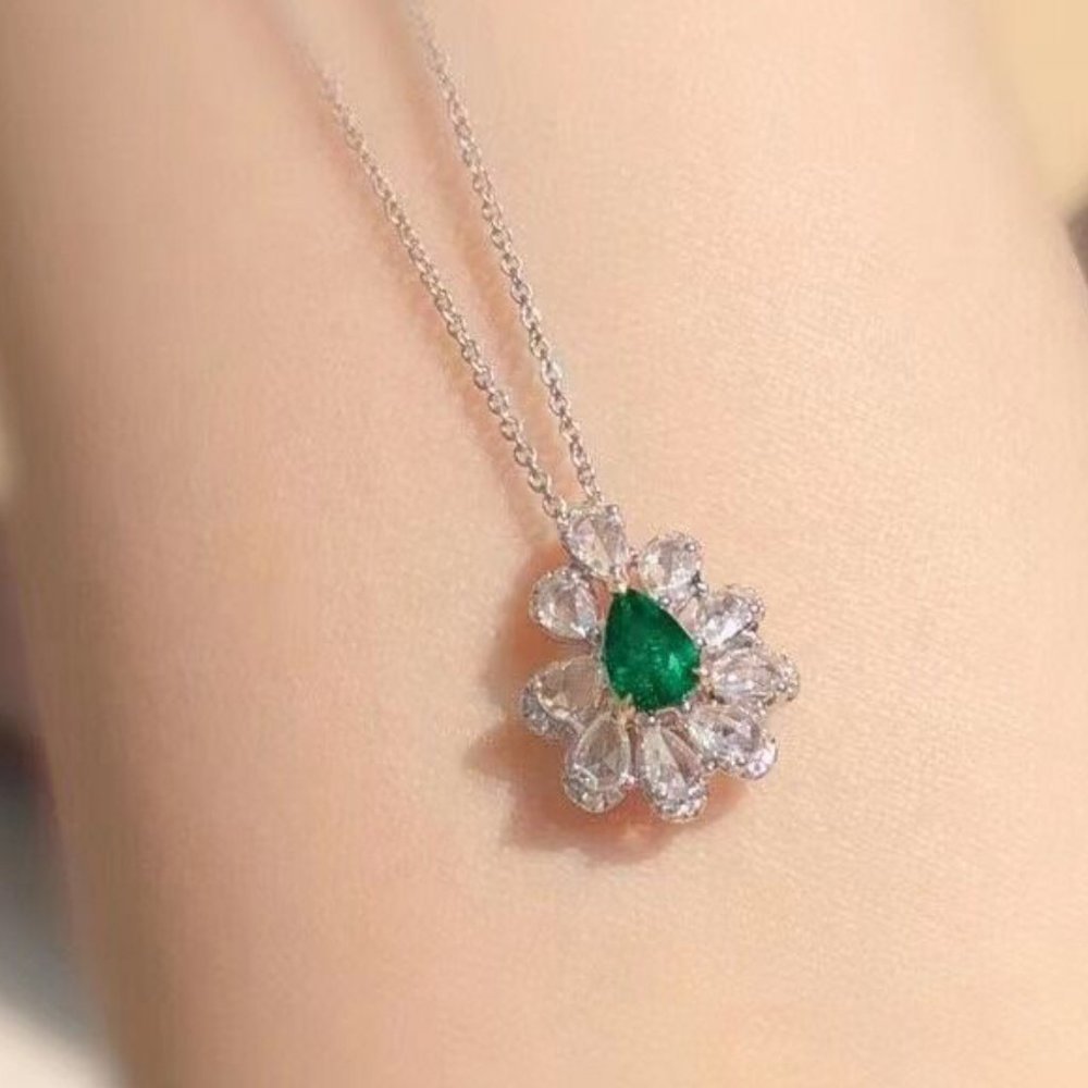 "New Trendy Cz Silver Color Green Pendant Necklace, Gpmb1396